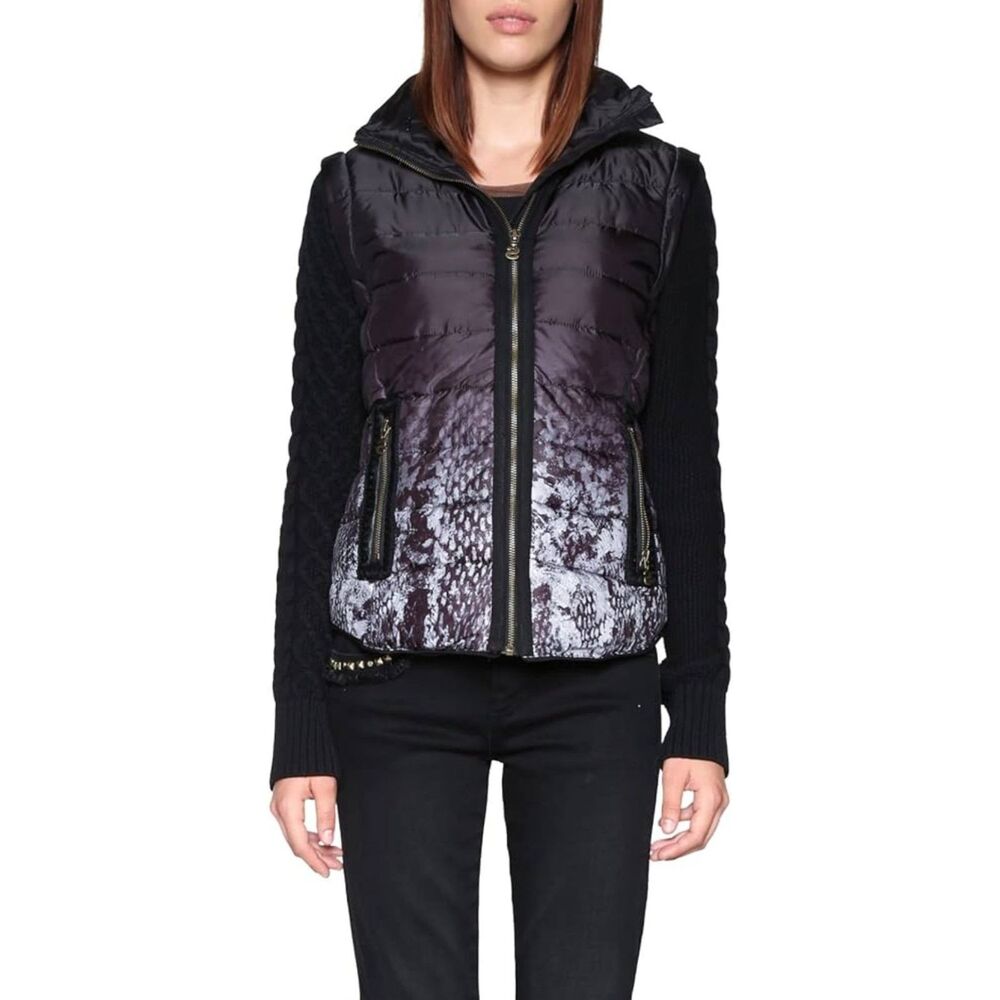 DESIGUAL Mixed Media Black/Gray Puffer, Sweater Sleeves, Hidden Hood, Embroidery